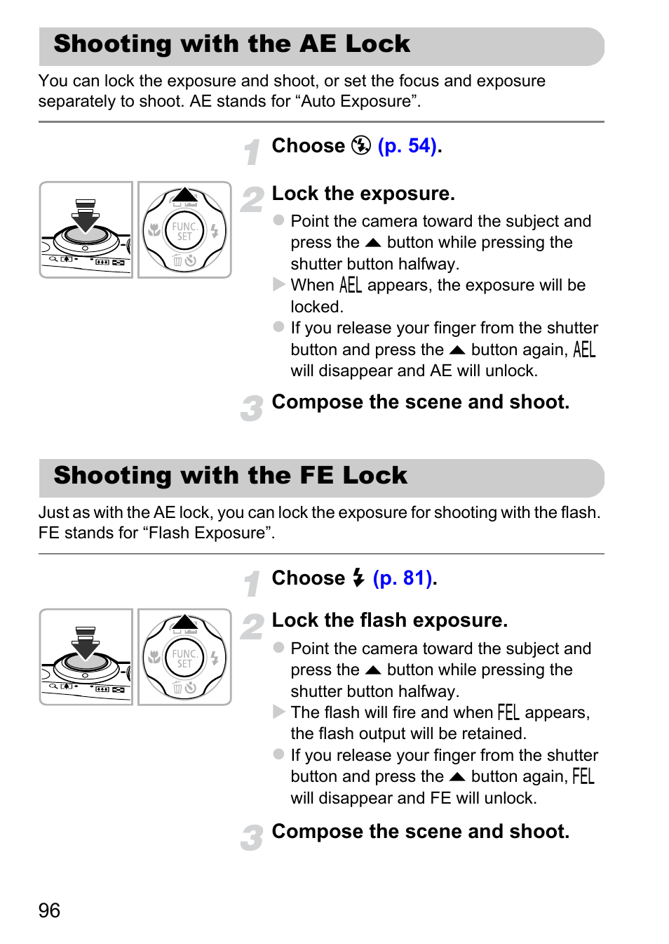 Shooting with the ae lock, Shooting with the fe lock | Canon A1200 User Manual | Page 96 / 184