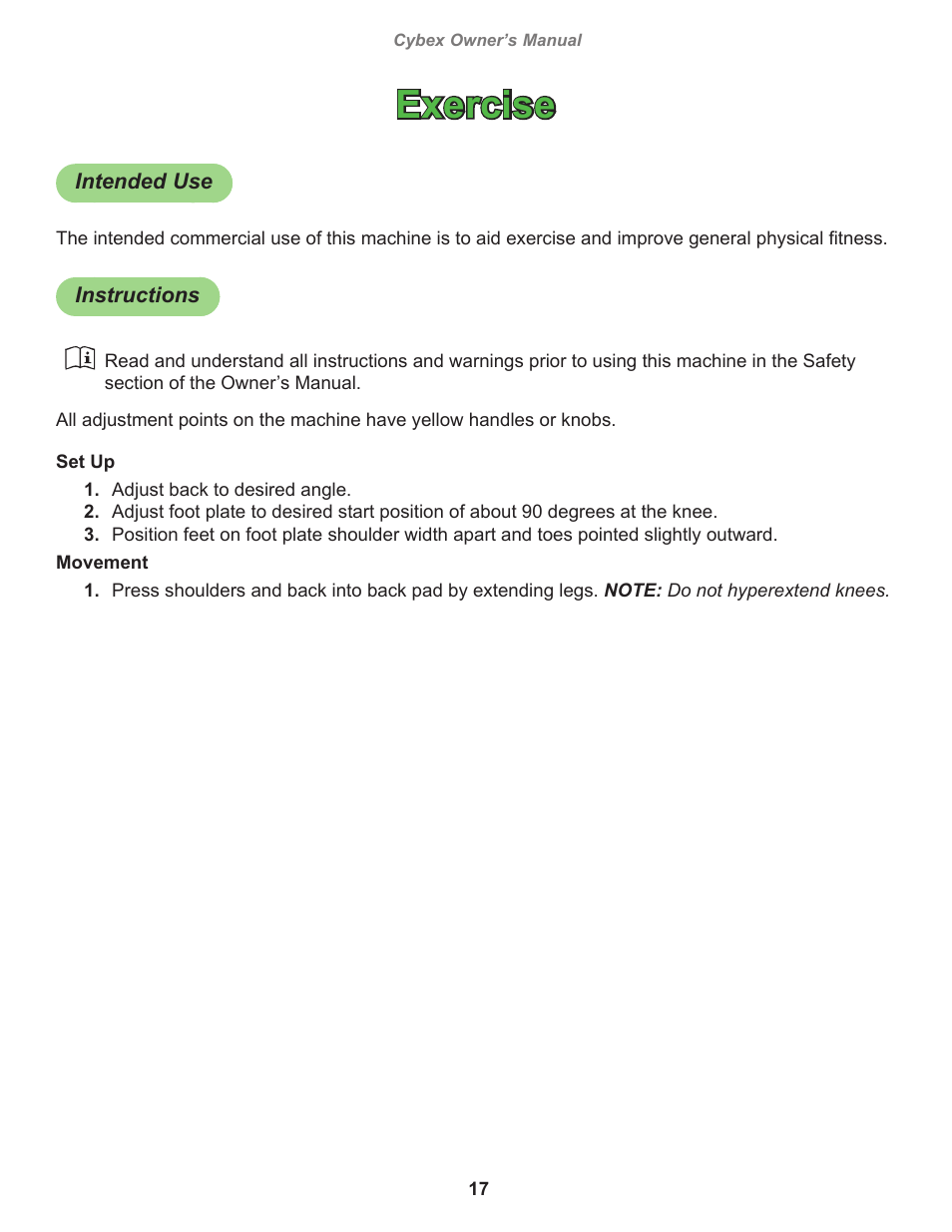 Exercise, Intended use, Instructions | Cybex 11040 Eagle Leg Press User Manual | Page 17 / 30