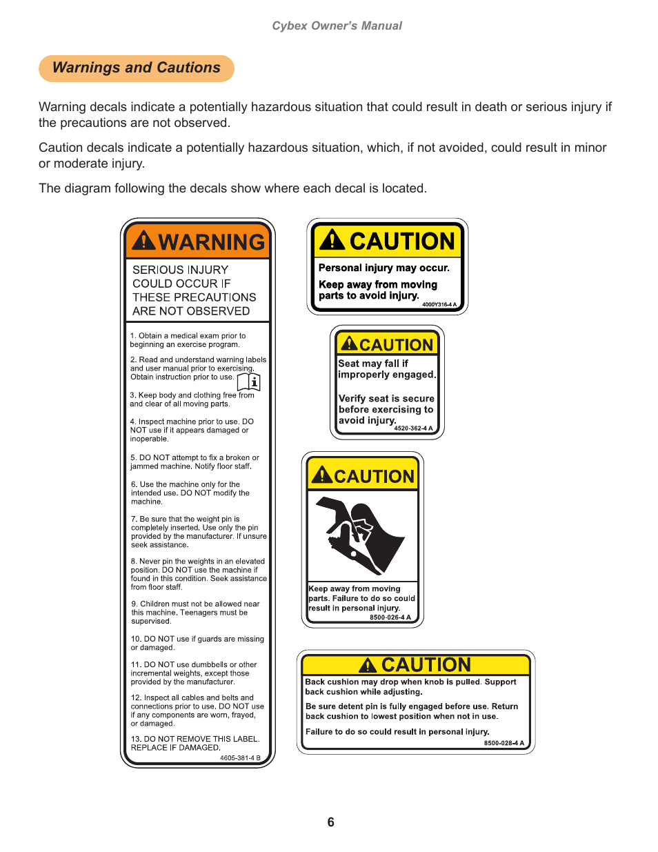 Warnings and cautions, Caution, Warning | Specs master artwork, Cybex owner’s manual, Owatonna | Cybex 11040 Eagle Leg Press User Manual | Page 6 / 30