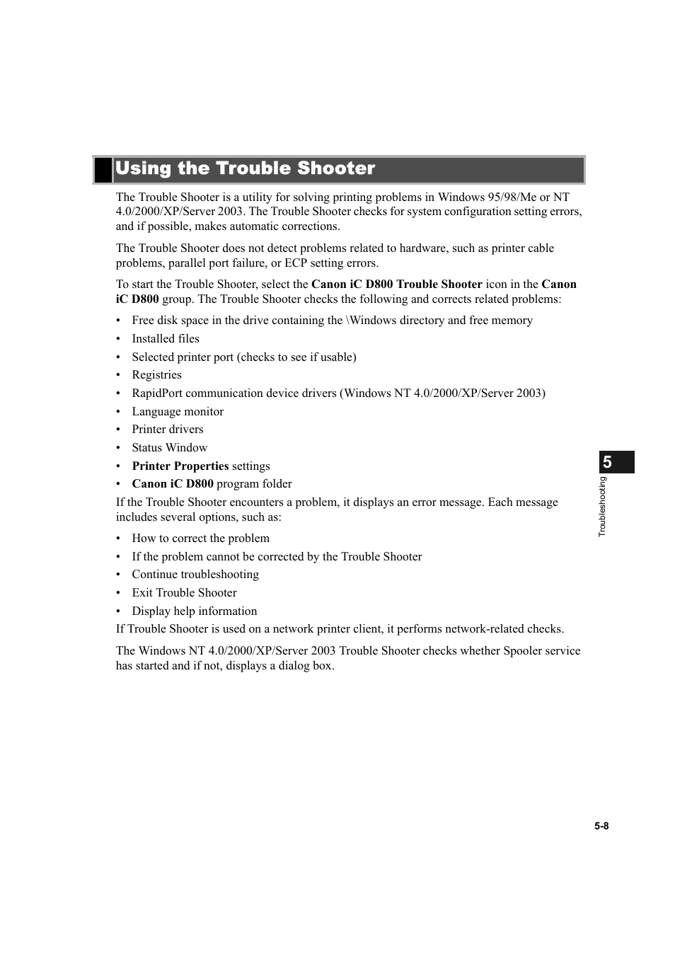 Using the trouble shooter, Using the trouble shooter -8 | Canon IMAGECLASS D800 User Manual | Page 105 / 120