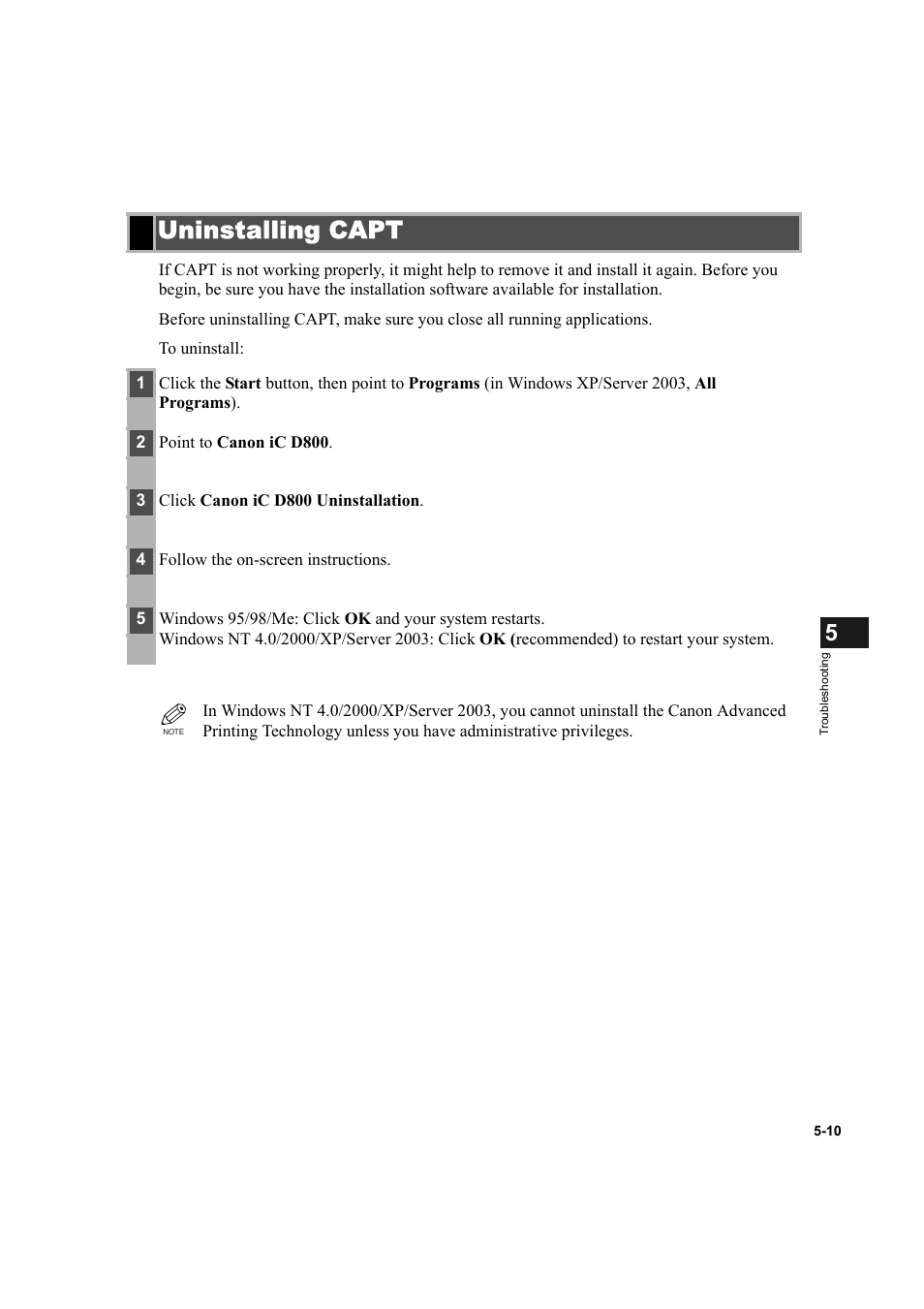 Uninstalling capt, Uninstalling capt -10 | Canon IMAGECLASS D800 User Manual | Page 107 / 120