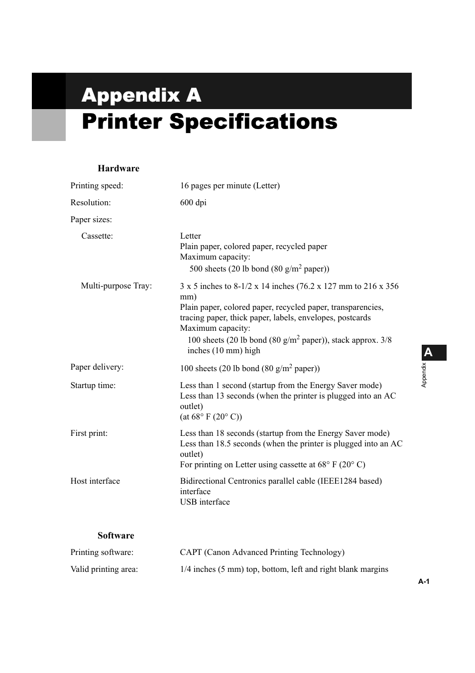 Printer specifications, Appendix a | Canon IMAGECLASS D800 User Manual | Page 108 / 120