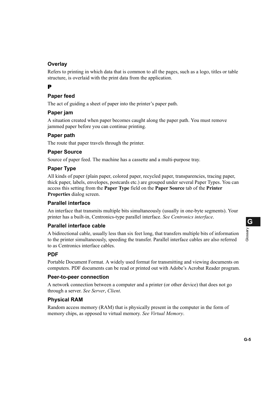See peer-to- peer connection, Parallel interface | Canon IMAGECLASS D800 User Manual | Page 113 / 120