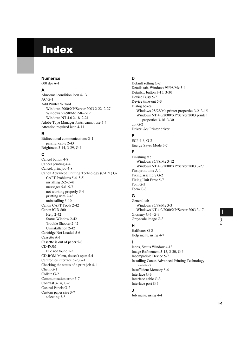 Index | Canon IMAGECLASS D800 User Manual | Page 118 / 120