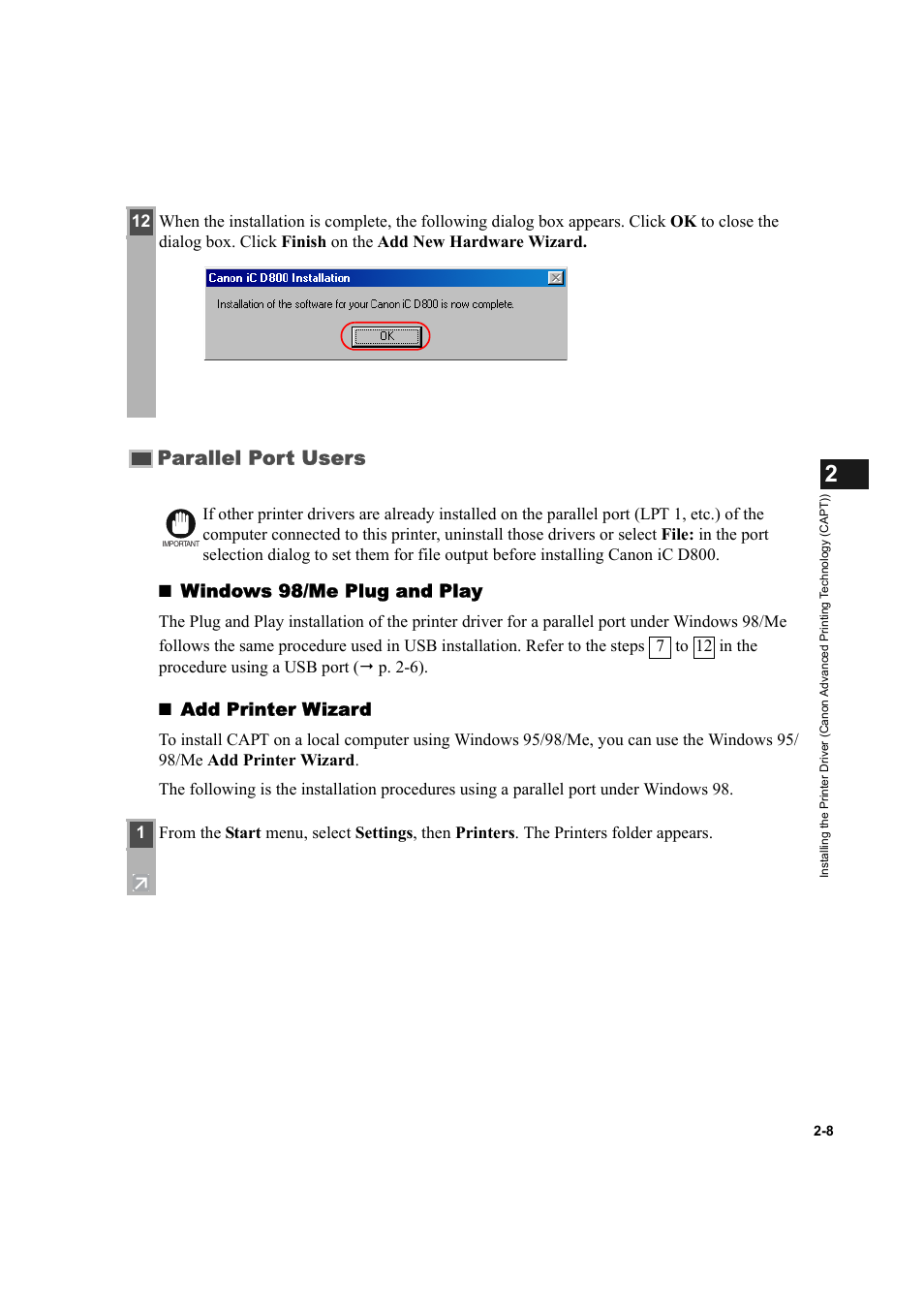 Parallel port users, Parallel port users -8, Windows 98/me plug and play | Add printer wizard | Canon IMAGECLASS D800 User Manual | Page 19 / 120