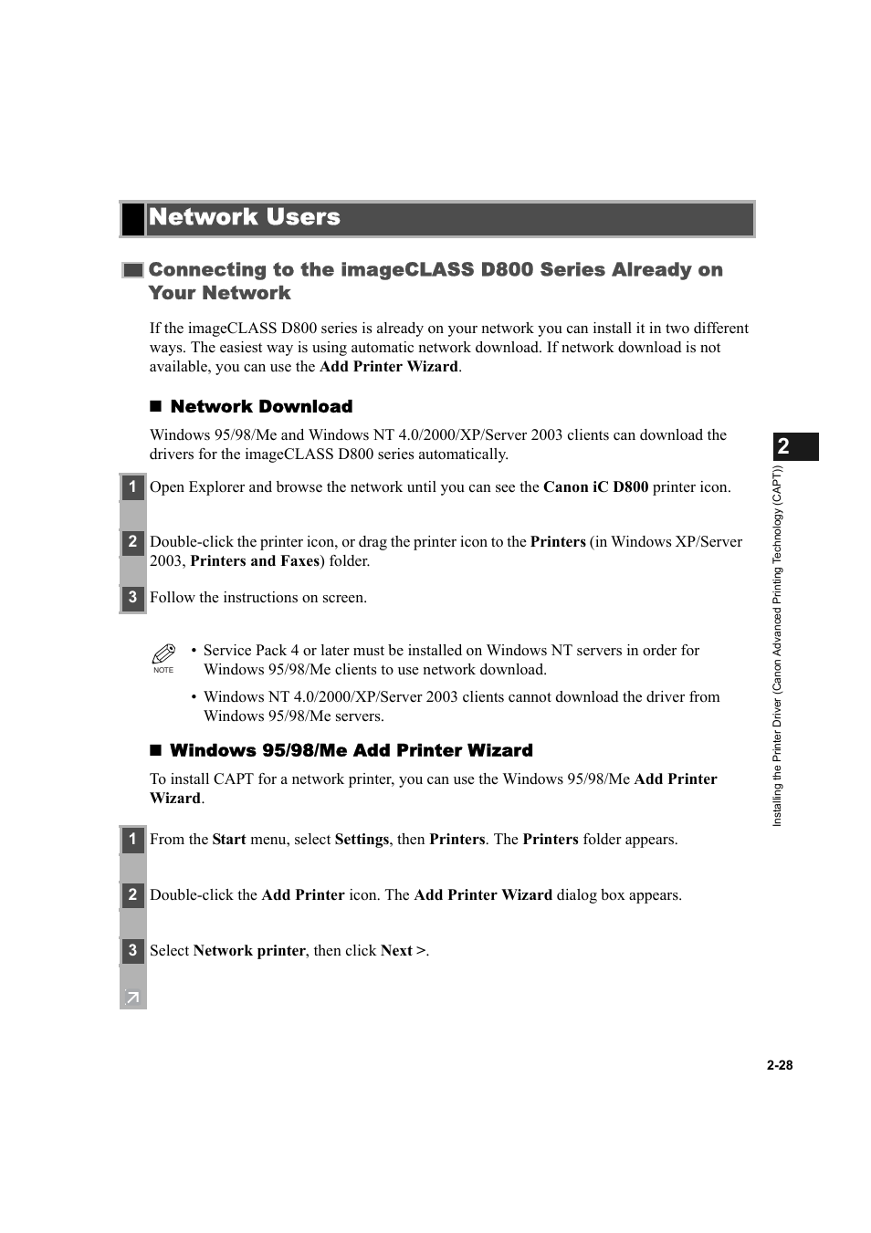 Network users, Network users -28, Connecting to the imageclass d800 series | Already on your network -28, Network download, Windows 95/98/me add printer wizard | Canon IMAGECLASS D800 User Manual | Page 39 / 120