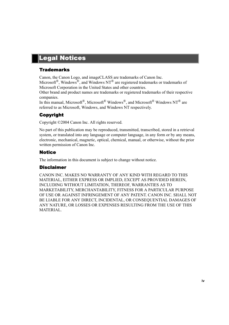 Legal notices | Canon IMAGECLASS D800 User Manual | Page 4 / 120