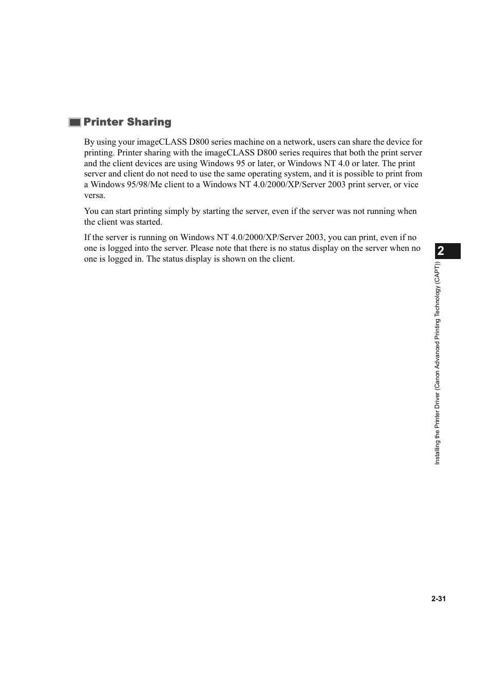 Printer sharing, Printer sharing -31 | Canon IMAGECLASS D800 User Manual | Page 42 / 120