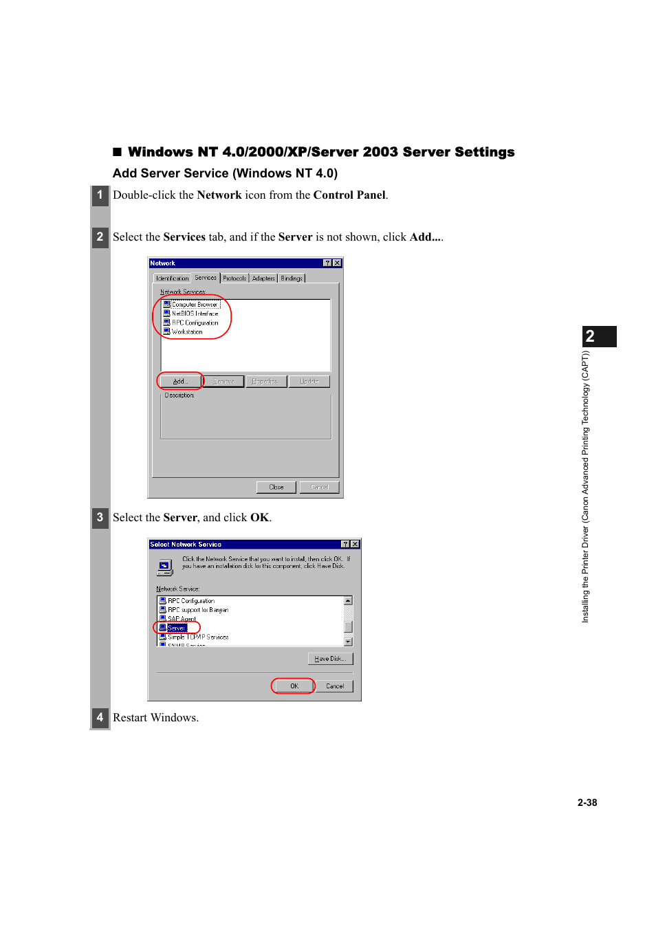 Add server service (windows nt 4.0) | Canon IMAGECLASS D800 User Manual | Page 49 / 120