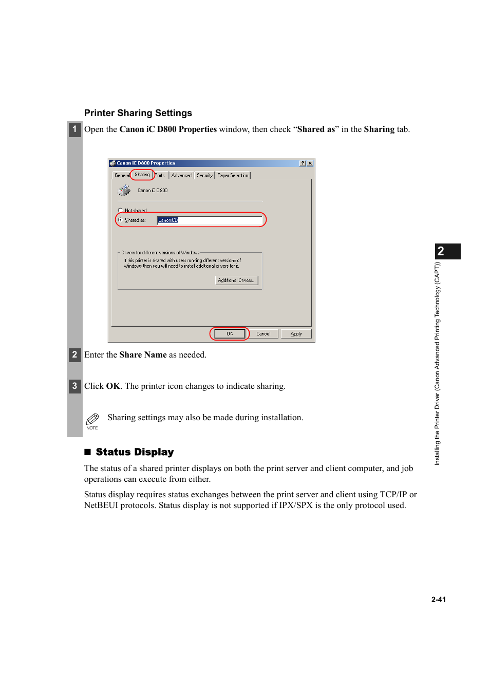 Status display, Printer sharing settings | Canon IMAGECLASS D800 User Manual | Page 52 / 120