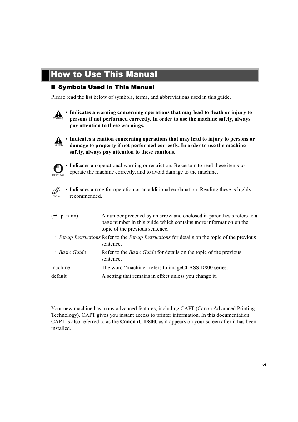 How to use this manual | Canon IMAGECLASS D800 User Manual | Page 6 / 120
