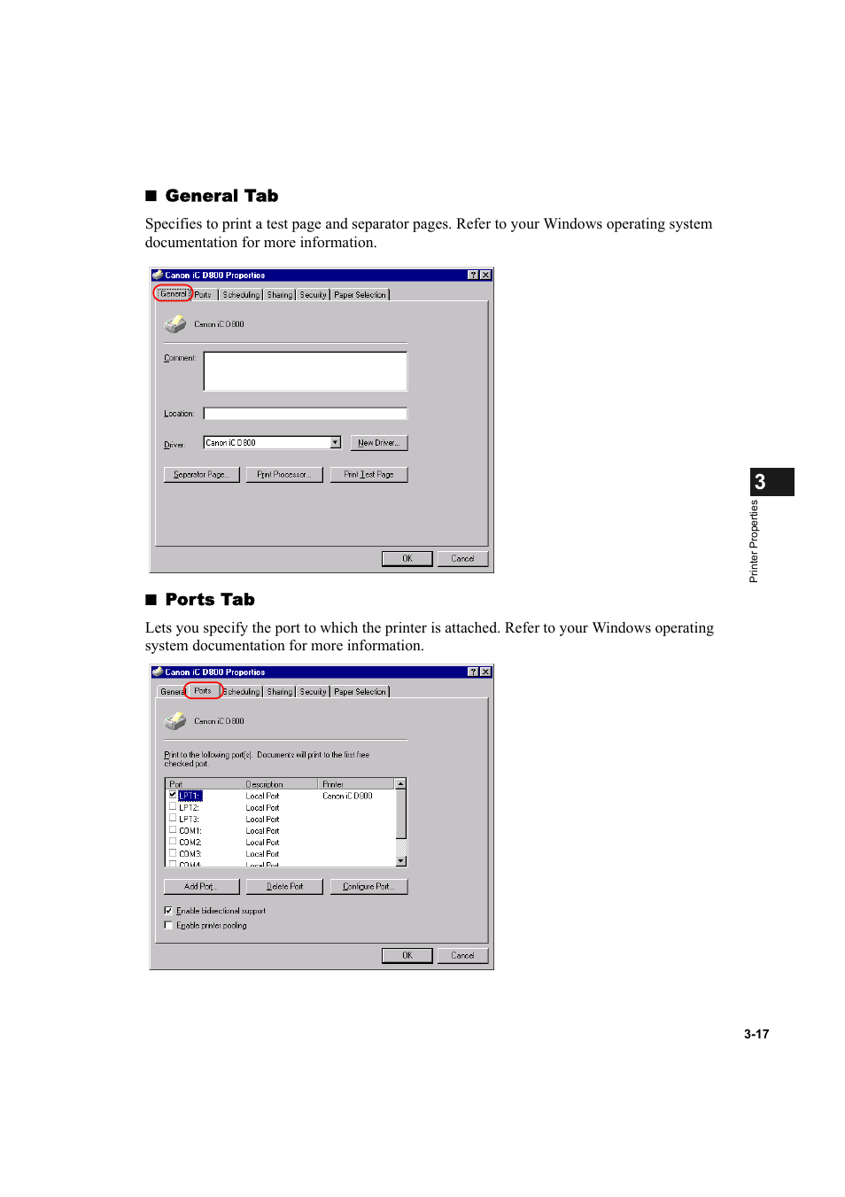General tab, Ports tab | Canon IMAGECLASS D800 User Manual | Page 71 / 120