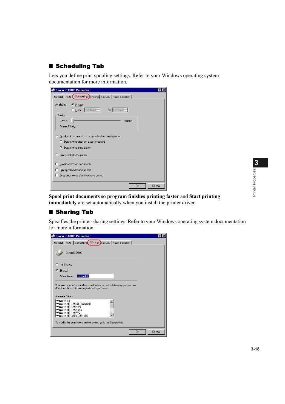 Scheduling tab, Sharing tab | Canon IMAGECLASS D800 User Manual | Page 72 / 120