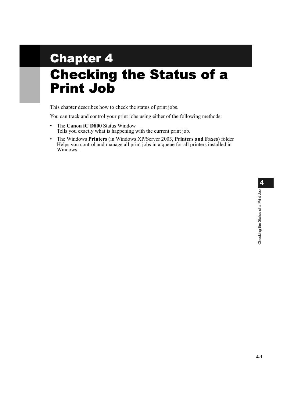 Checking the status of a print job, Chapter 4: checking the status of a print job, Chapter 4 | Canon IMAGECLASS D800 User Manual | Page 85 / 120