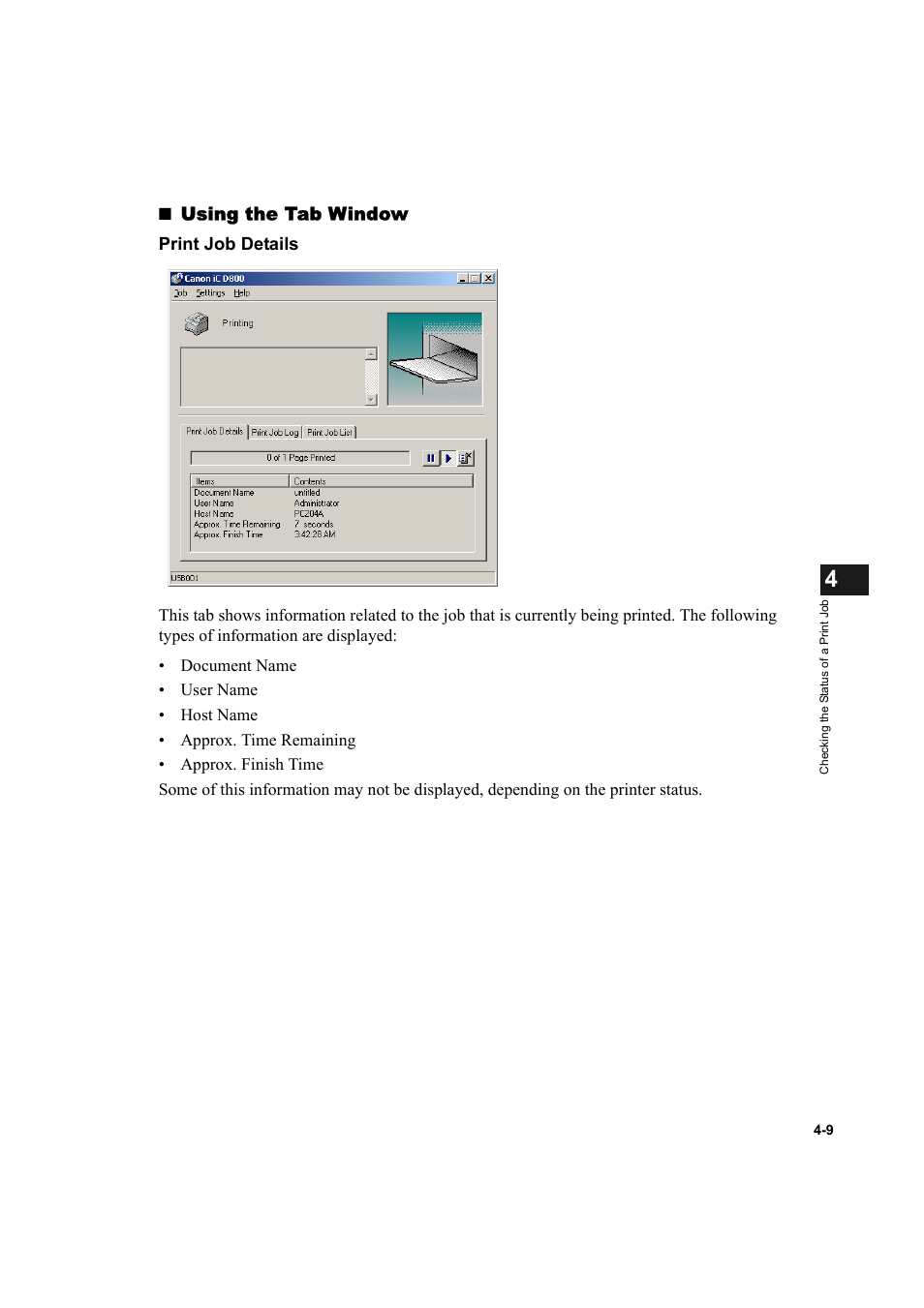 Using the tab window, Print job details | Canon IMAGECLASS D800 User Manual | Page 93 / 120
