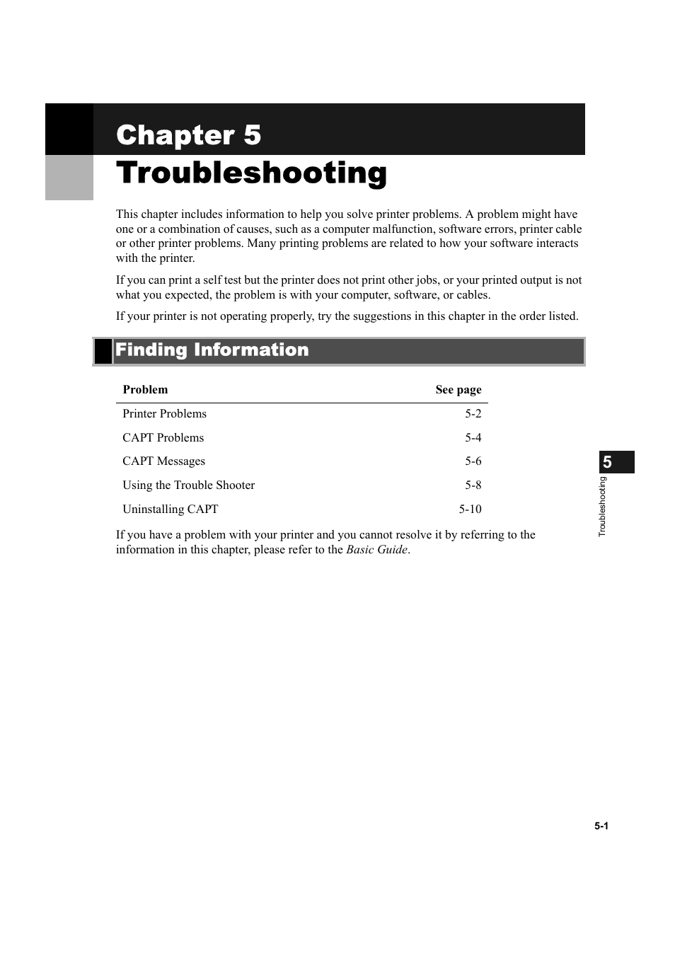 Troubleshooting, Finding information, Chapter 5: troubleshooting | Finding information -1, Chapter 5 | Canon IMAGECLASS D800 User Manual | Page 98 / 120