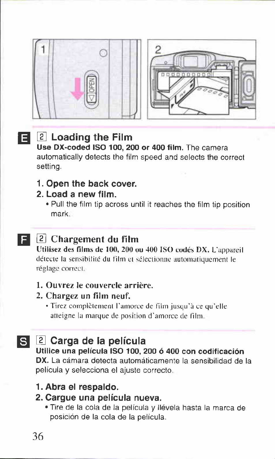 13 [h loading the film, S m carga de la película, Loading the film | Carga de la película | Canon BF-9S User Manual | Page 14 / 59