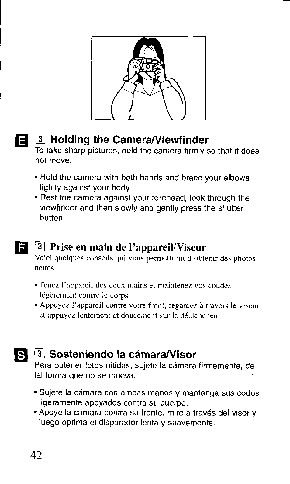 3] holding the camera/viewfinder, M [3] sosteniendo la cámaraa/isor, Holding the camera/viewflnder | Holding the camera/viewfinder, Sosteniendo la cámaraa/isor | Canon BF-9S User Manual | Page 17 / 59