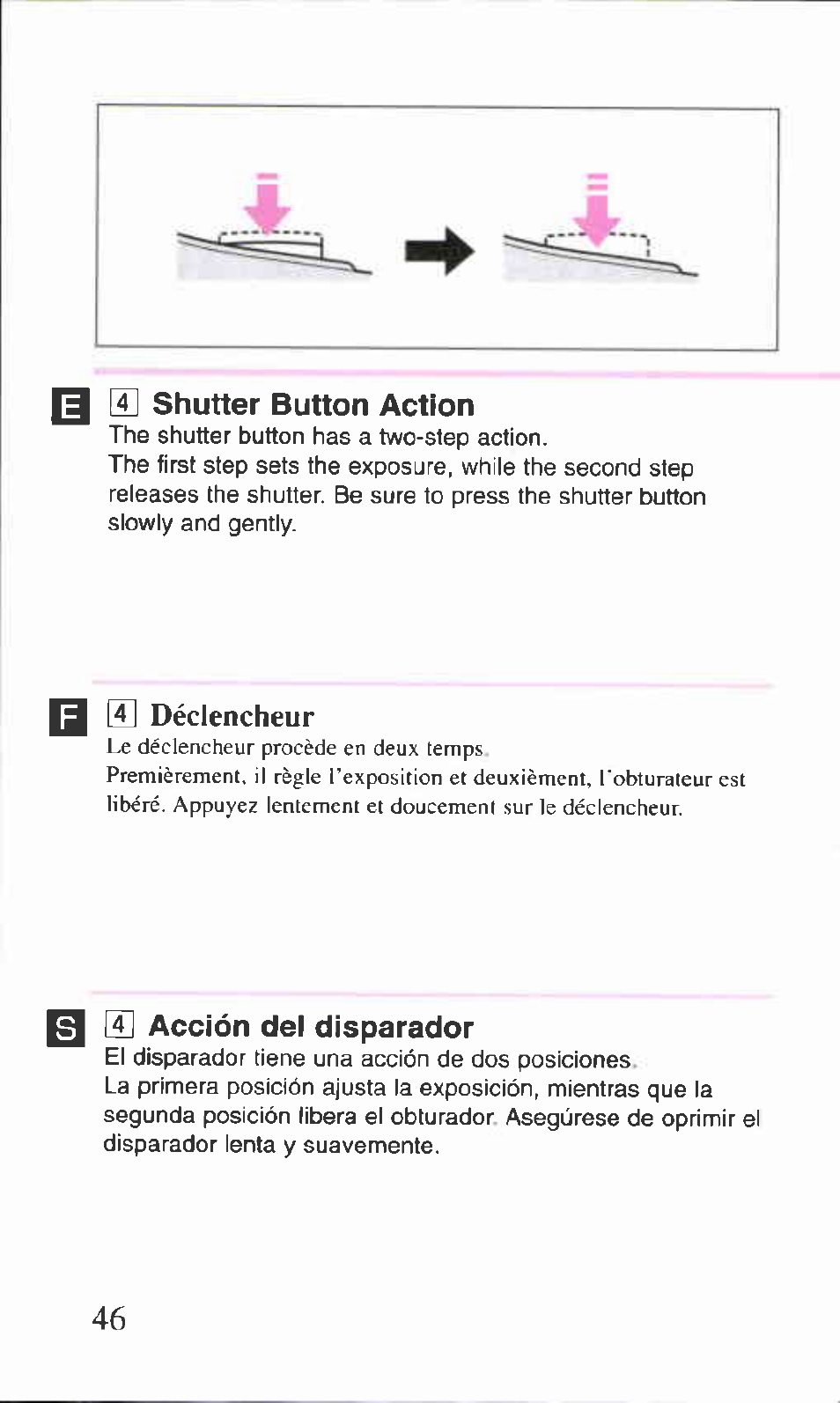 I] shutter button action, M g] acción del disparador, 33 shutter button action | Canon BF-9S User Manual | Page 19 / 59
