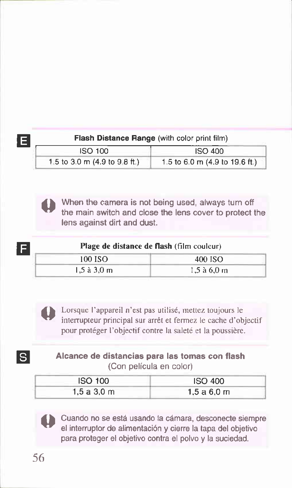 With color print film), Plage de distance de flash | Canon BF-9S User Manual | Page 24 / 59