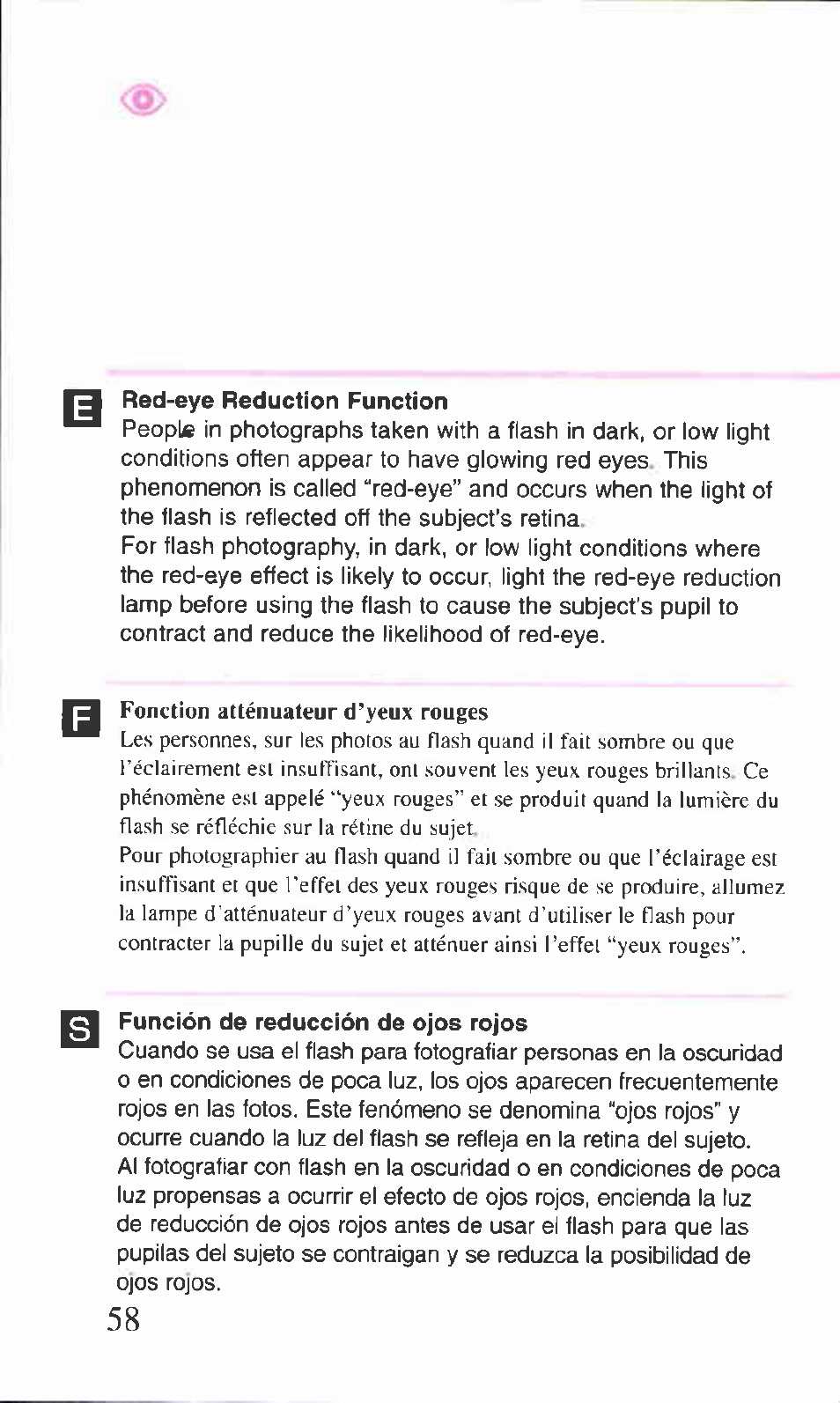 Fonction atténuateur d’yeux rouges | Canon BF-9S User Manual | Page 25 / 59