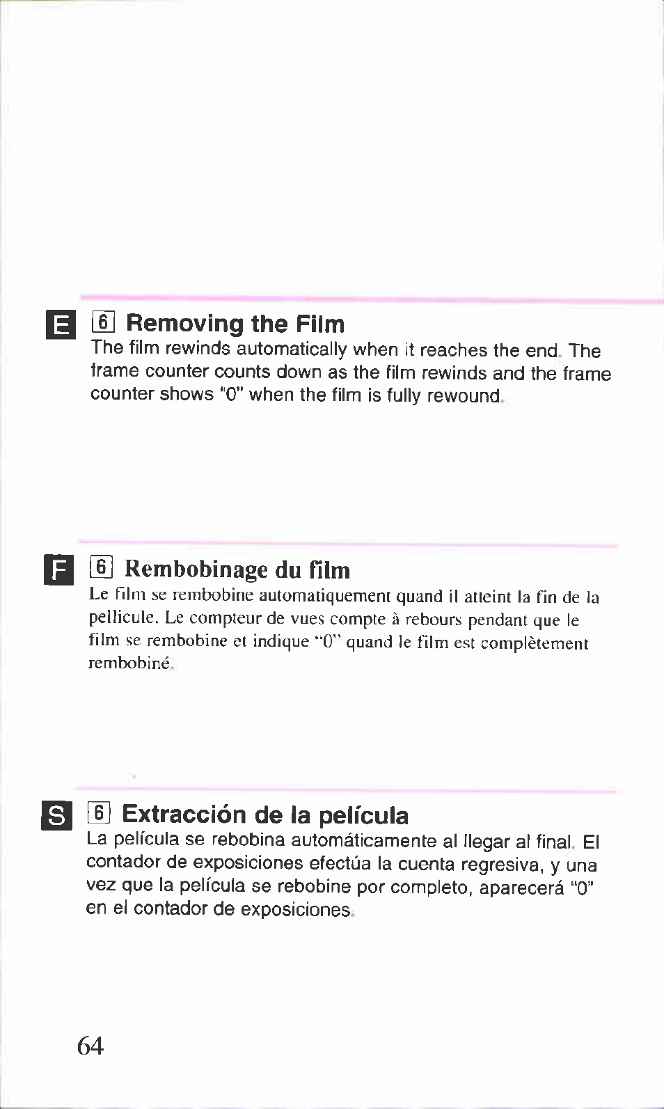 S removing the film, M h] extracción de la película, E removing the film | Canon BF-9S User Manual | Page 28 / 59