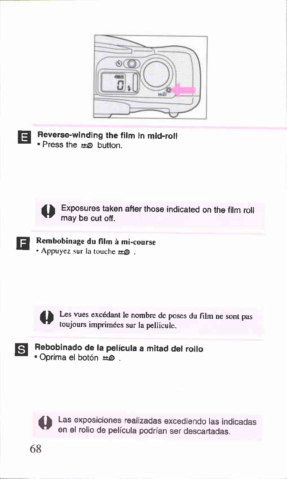Rembobinage du film à mi-course, Appuyez sur la louche sq | Canon BF-9S User Manual | Page 30 / 59