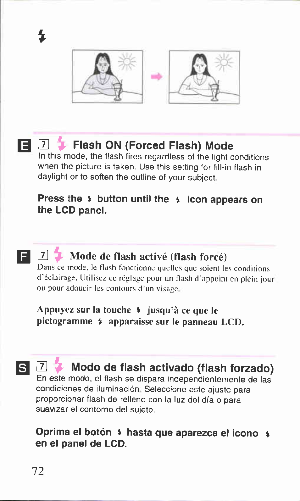 E] ^ flash on (forced flash) mode, E v modo de flash activado (flash forzado), I flash on (forced flash) mode | Canon BF-9S User Manual | Page 32 / 59