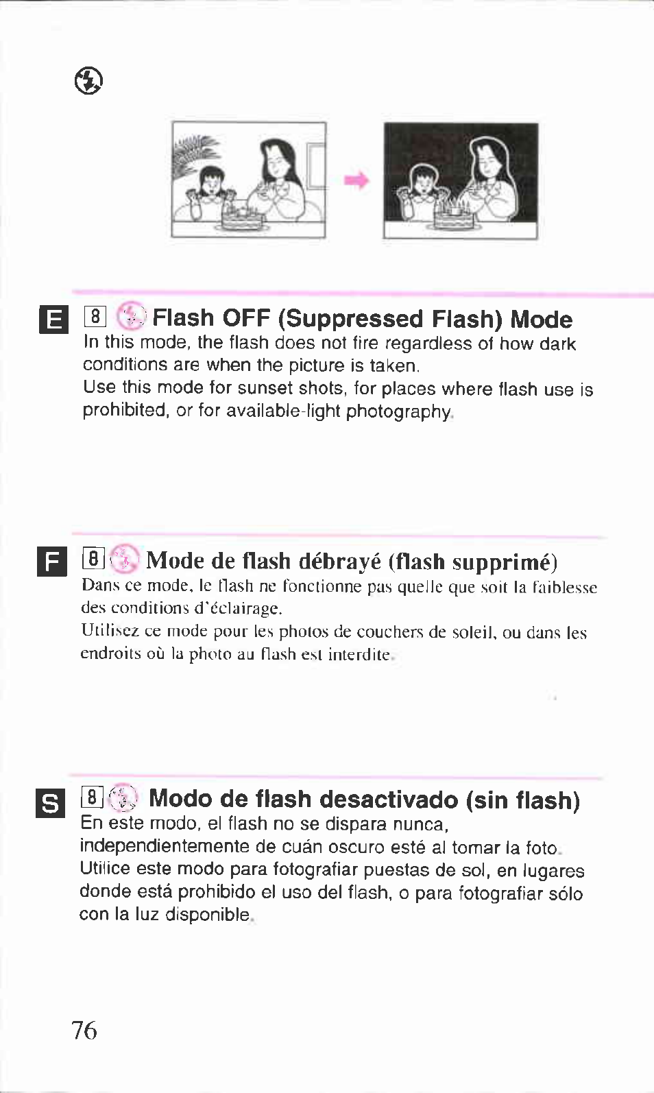 B flash off (suppressed flash) mode, Q m tí modo de flash desactivado (sin flash) | Canon BF-9S User Manual | Page 35 / 59