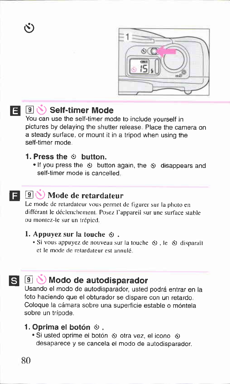M ci) modo de autodisparador, Press the button, Oprima el botón ci) | Canon BF-9S User Manual | Page 36 / 59