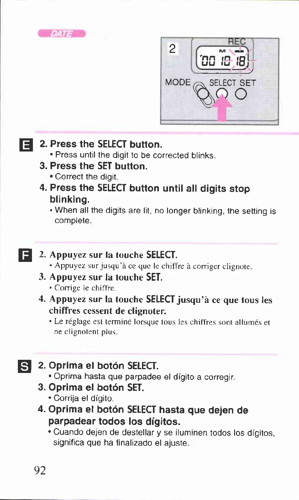 Appuyez sur la touche select, Appuyez sur la touche set | Canon BF-9S User Manual | Page 45 / 59