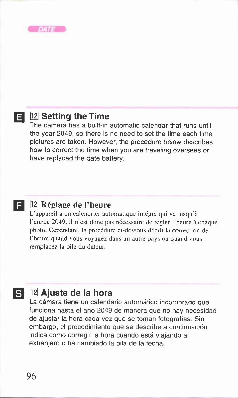 In setting the time, N ajuste de ta hora, Ii setting the time | Canon BF-9S User Manual | Page 48 / 59