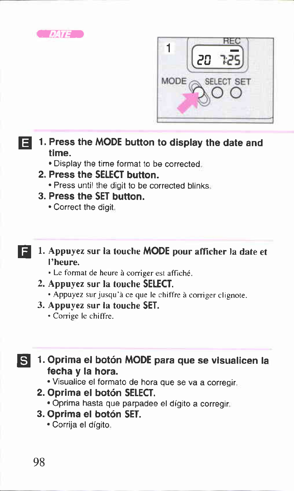 Appuyez sur la touche select, Appuyez sur la touche set | Canon BF-9S User Manual | Page 49 / 59