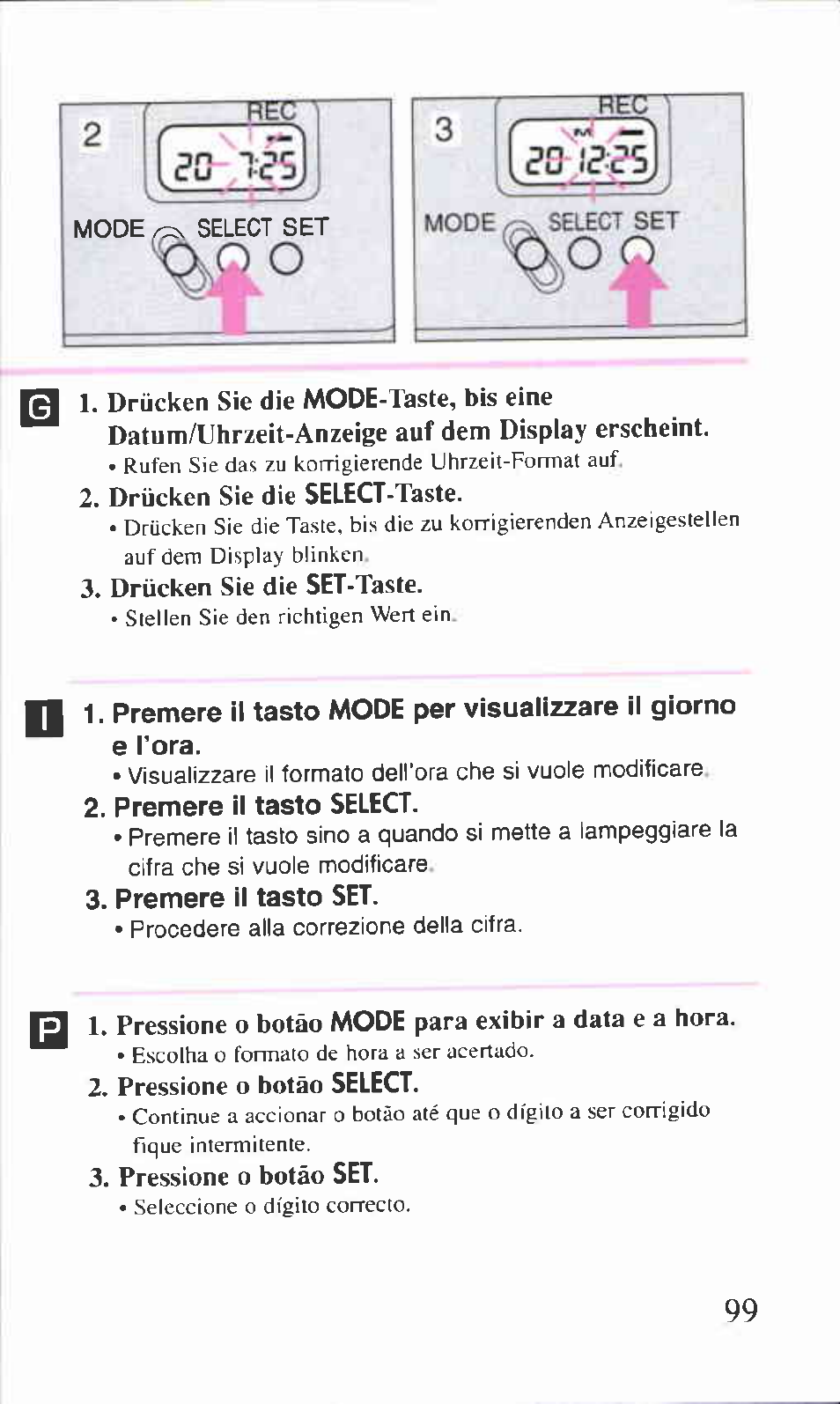 Drücken sie die select-taste, Drücken sie die set-taste, Pressione o botào select | Pressione o botáo set | Canon BF-9S User Manual | Page 50 / 59