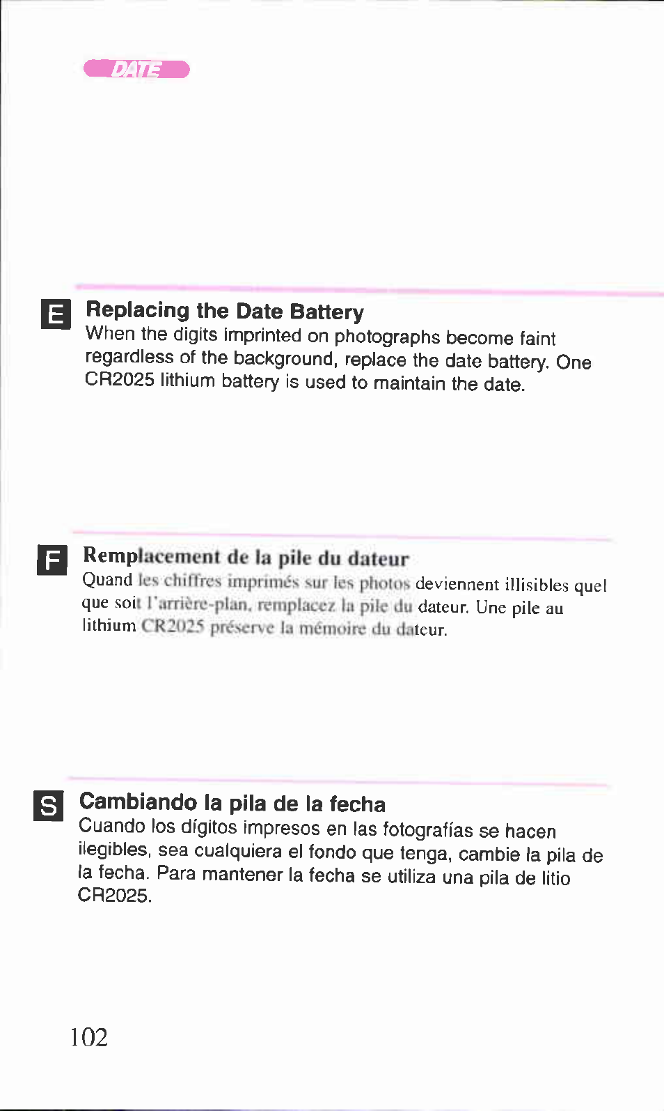Rempluccment di.’ la pile du dateur | Canon BF-9S User Manual | Page 52 / 59