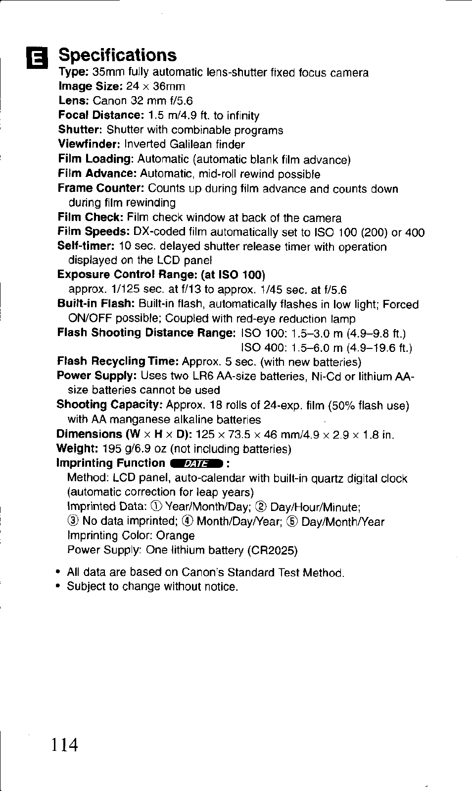 Q specifications, Specifications, Control range: (at | Canon BF-9S User Manual | Page 58 / 59