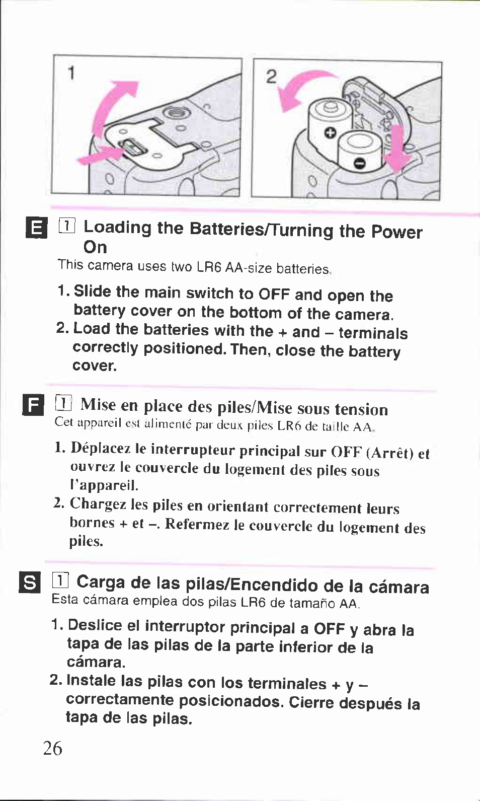 13 [d loading the batteriesrturnmg the power on, M q] carga de las pilas/encendido de la cámara, D loading the ballerfes/tuming the power on | Q [tj mise en place des piles/mise sous tension | Canon BF-9S User Manual | Page 9 / 59