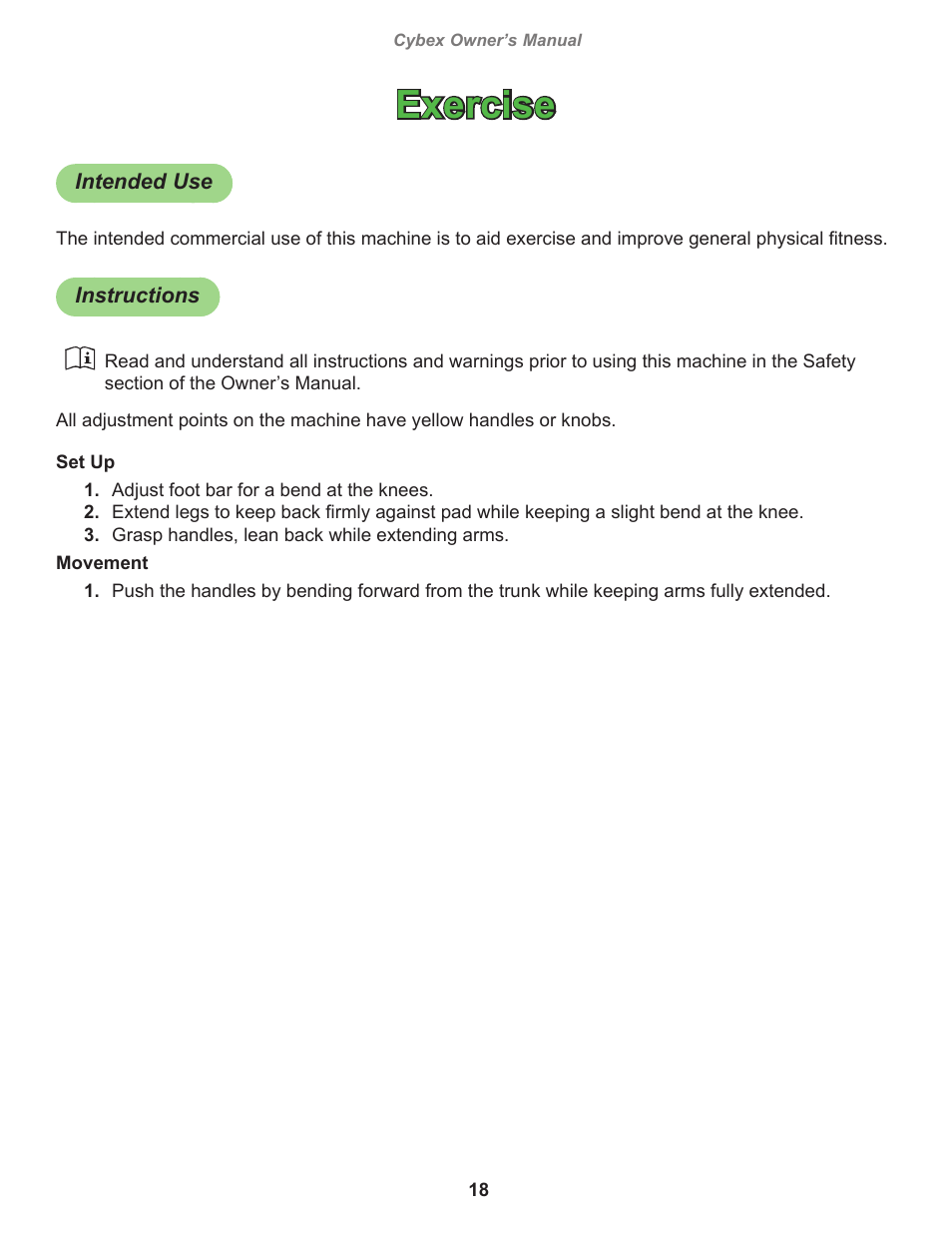 Exercise, Intended use, Instructions | Cybex 11090 Eagle Abdominal User Manual | Page 18 / 32