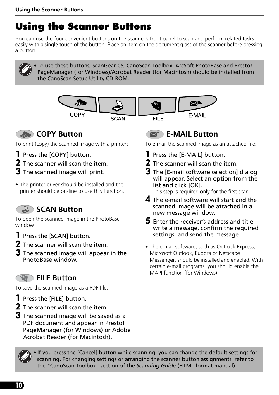 Using the scanner buttons | Canon LIDE 80 User Manual | Page 12 / 20