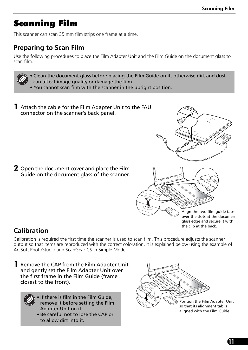 Scanning film, Preparing to scan film, Calibration | Canon LIDE 80 User Manual | Page 13 / 20