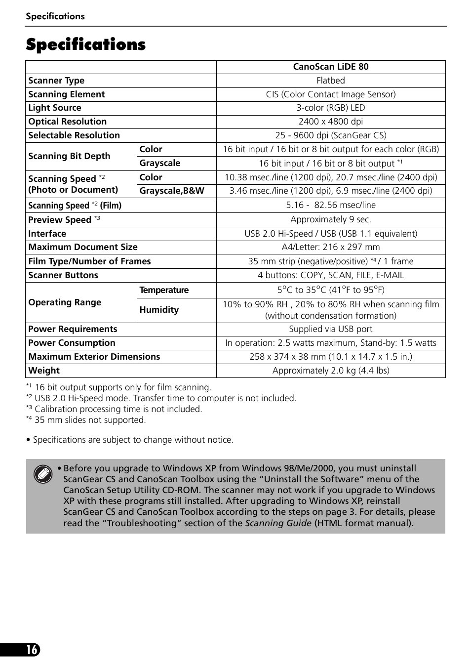 Specifications | Canon LIDE 80 User Manual | Page 18 / 20