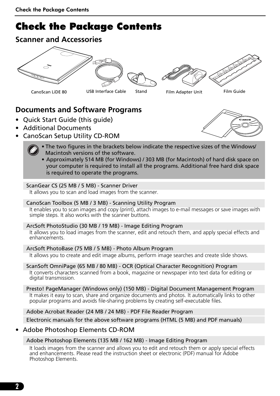 Check the package contents | Canon LIDE 80 User Manual | Page 4 / 20