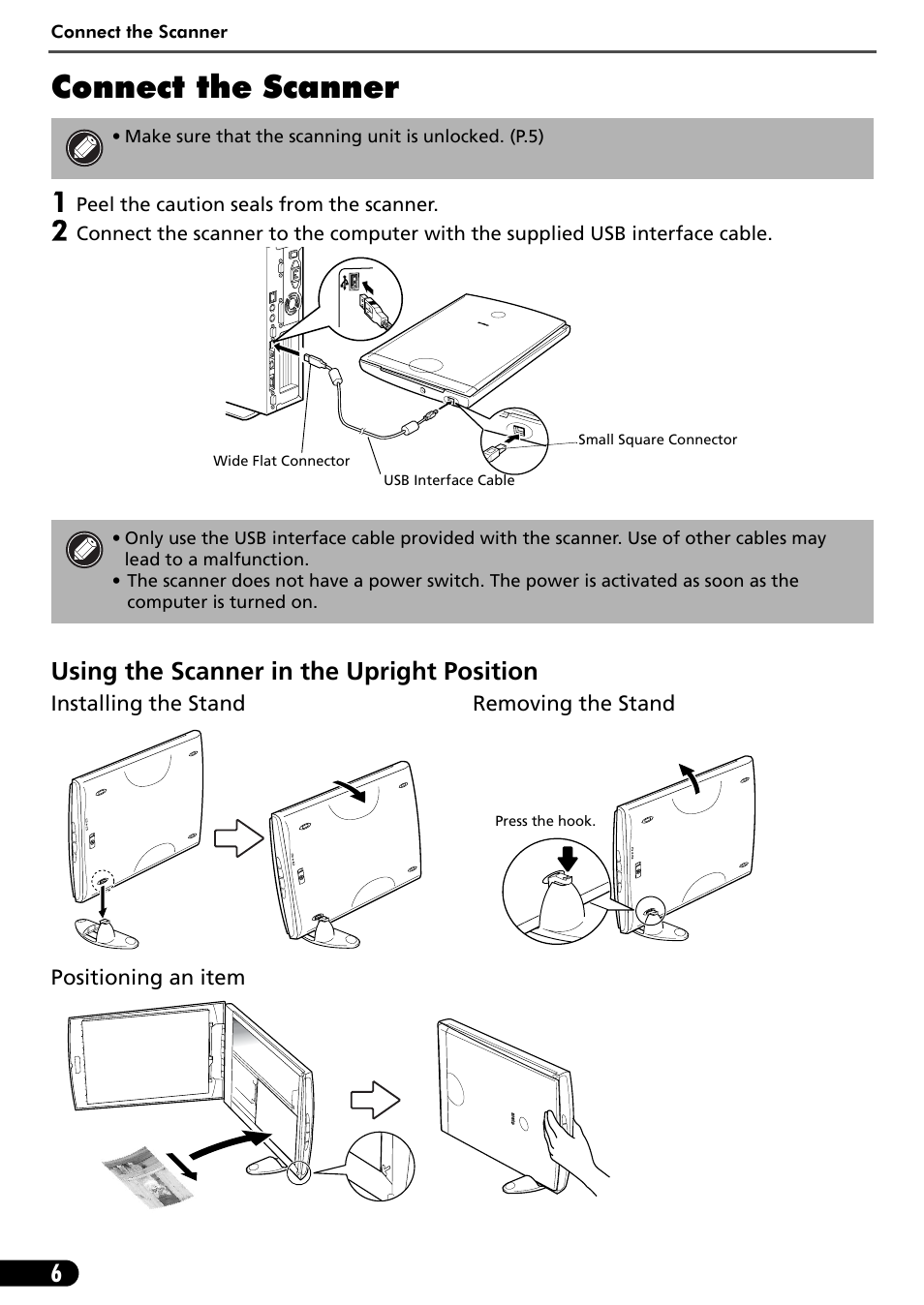 Connect the scanner, Using the scanner in the upright position | Canon LIDE 80 User Manual | Page 8 / 20