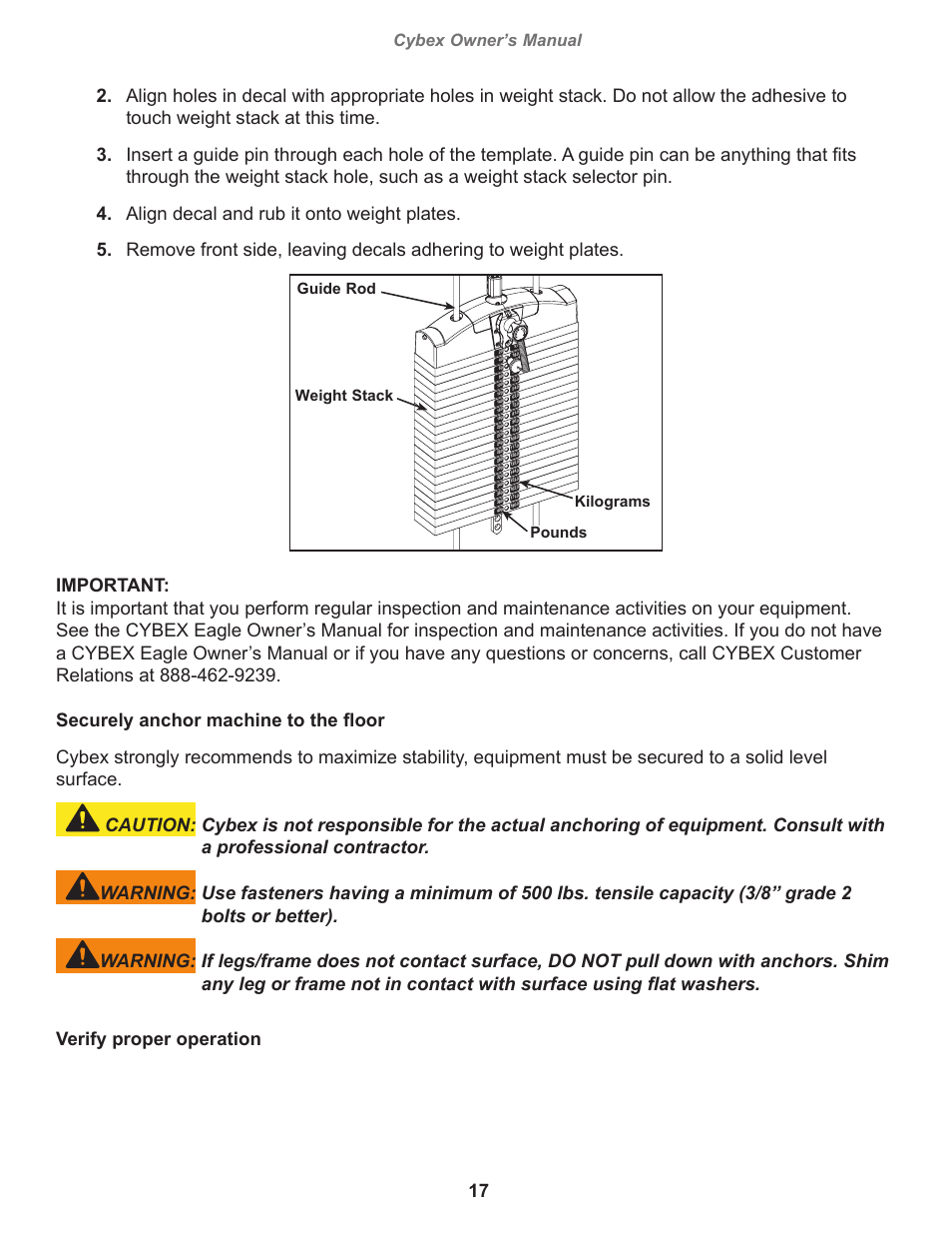 Cybex owner’s manual, Pounds weight stack guide rod kilograms | Cybex 11130 Eagle Lat Pull User Manual | Page 17 / 32