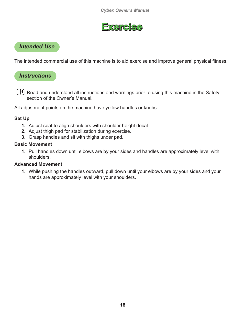 Exercise, Intended use, Instructions | Cybex 11130 Eagle Lat Pull User Manual | Page 18 / 32