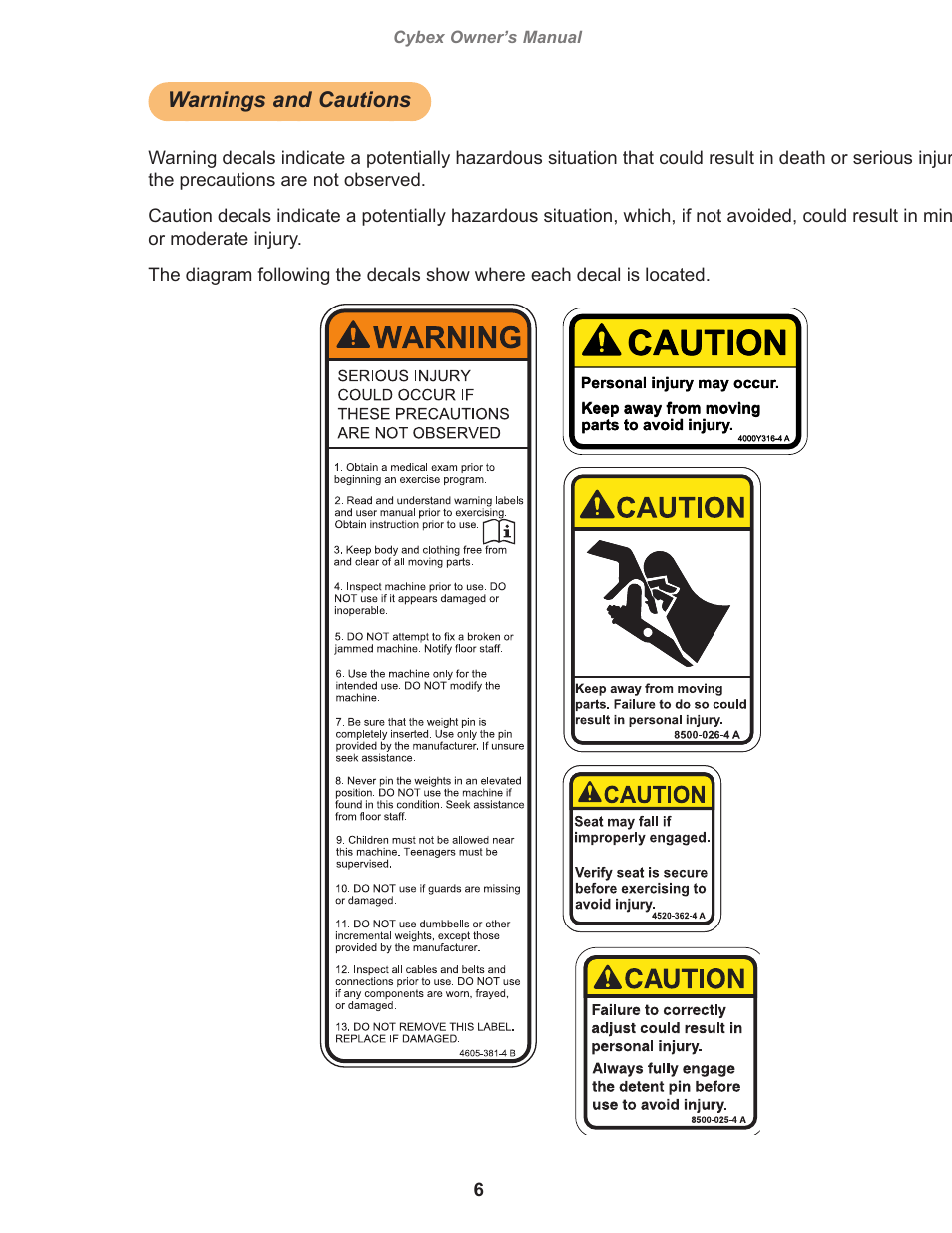 Warnings and cautions, Warning, Caution | Owatonna, Cybex owner’s manual, Personal injury may occur, Keep away from moving parts to avoid injury | Cybex 11130 Eagle Lat Pull User Manual | Page 6 / 32
