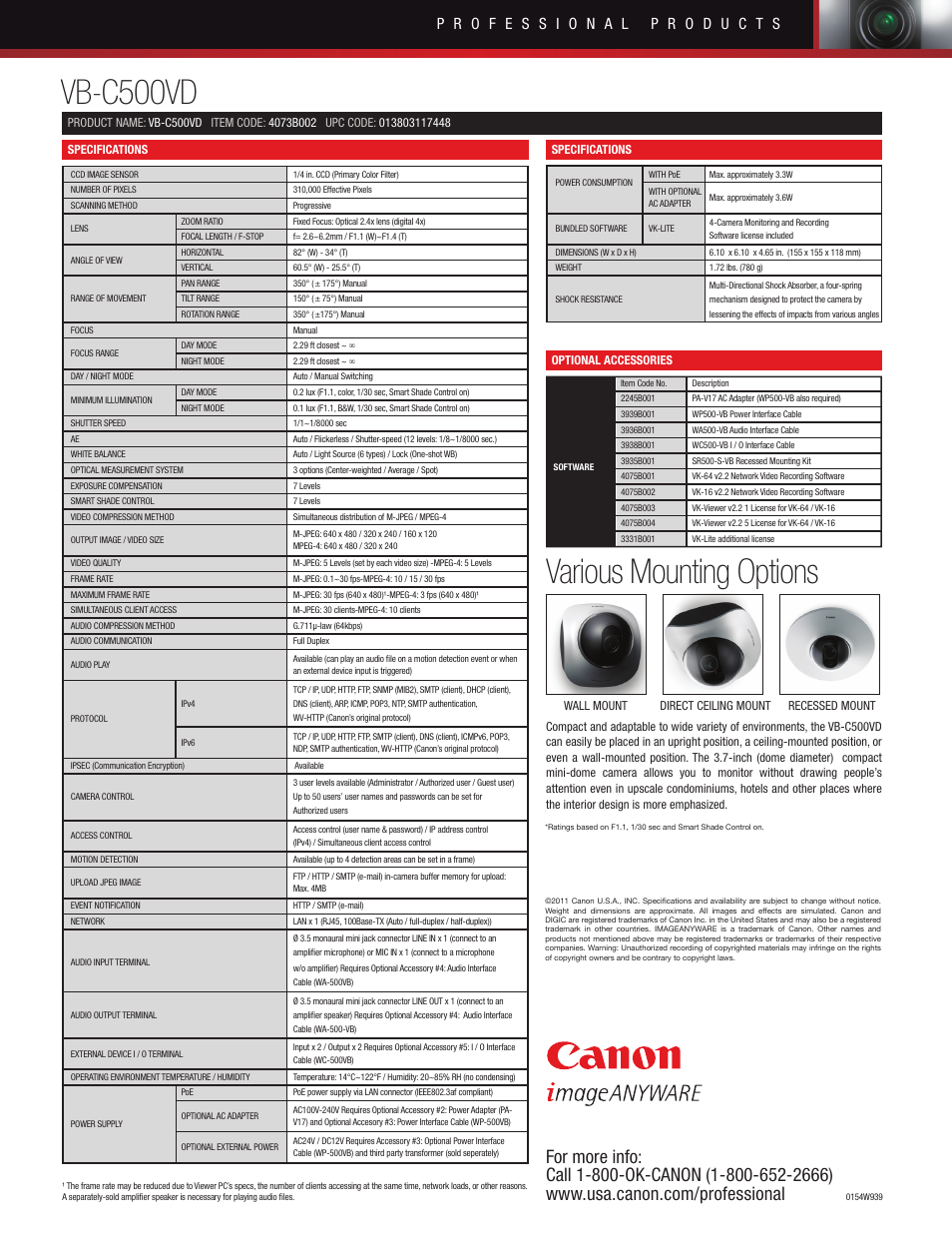 Vb-c500vd, Various mounting options | Canon VB-C500VD User Manual | Page 2 / 2