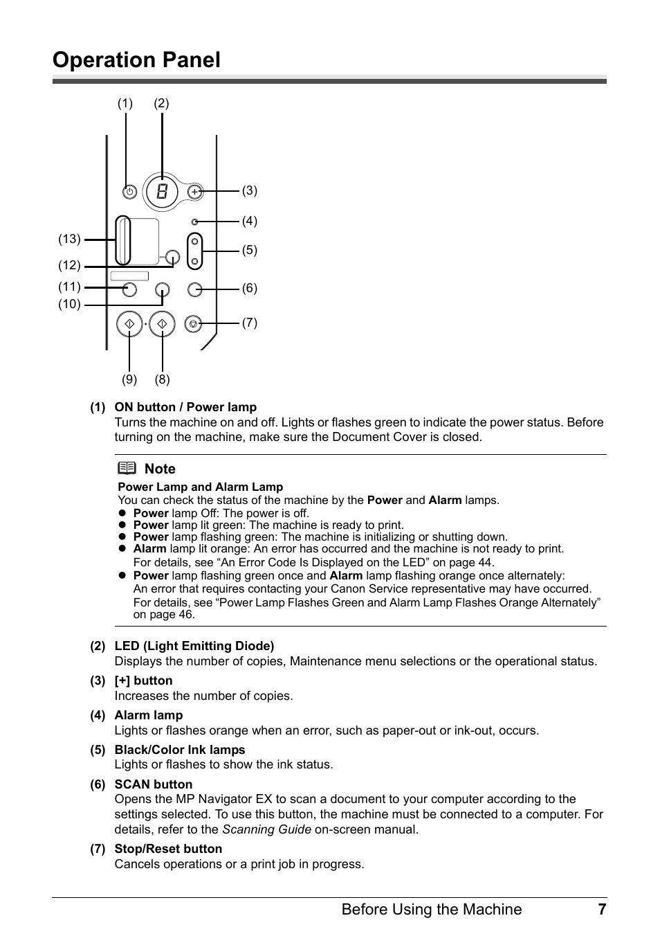 Operation panel, 7before using the machine | Canon MP 190 Pixma User Manual | Page 11 / 76