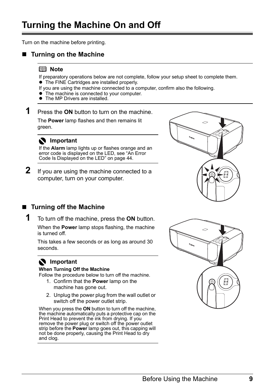 Turning the machine on and off | Canon MP 190 Pixma User Manual | Page 13 / 76