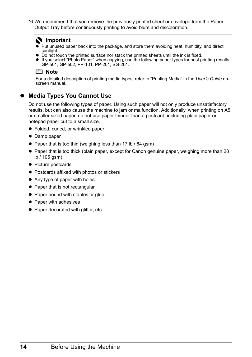 14 before using the machine, Zmedia types you cannot use | Canon MP 190 Pixma User Manual | Page 18 / 76